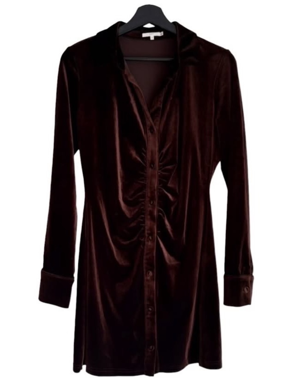 NIA Brown Velvet Button-Front Mini Dress long sleeves blouse shirt Y2K 90s style